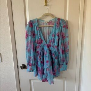 LoveShackFancy Blue and Pink Floral Blouse